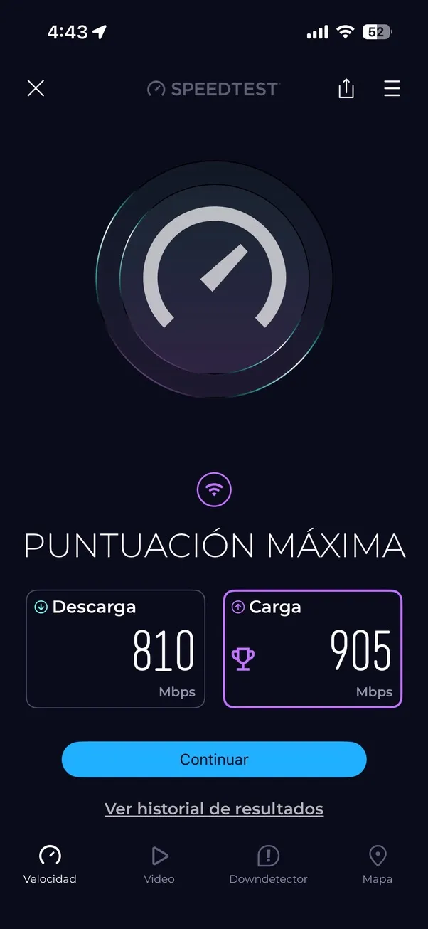 Wi-Fi speed test result on the UniFi Dream Router 7, tested wirelessly from an iPhone 15 Pro